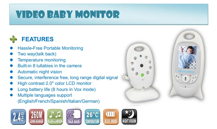 
Video Baby Monitor with Digital Camera, Long Range, Room Temperature, Infrared Night Vision, 2 Way Talk Back, Lullabies and High 