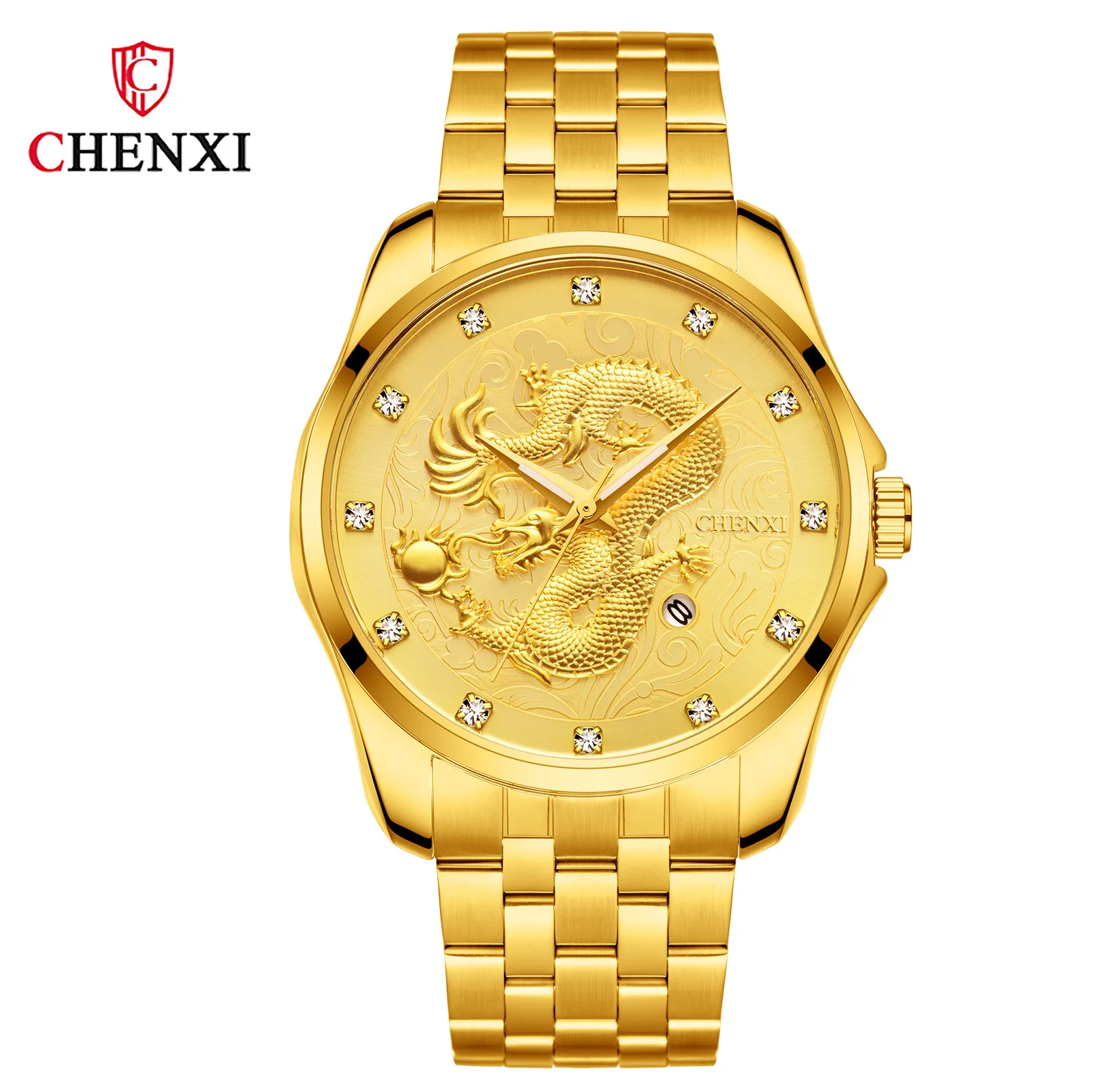 

Luxury Diamond Gold Men Watch Quartz Dragon Stainless Steel Analog Display Date Watches