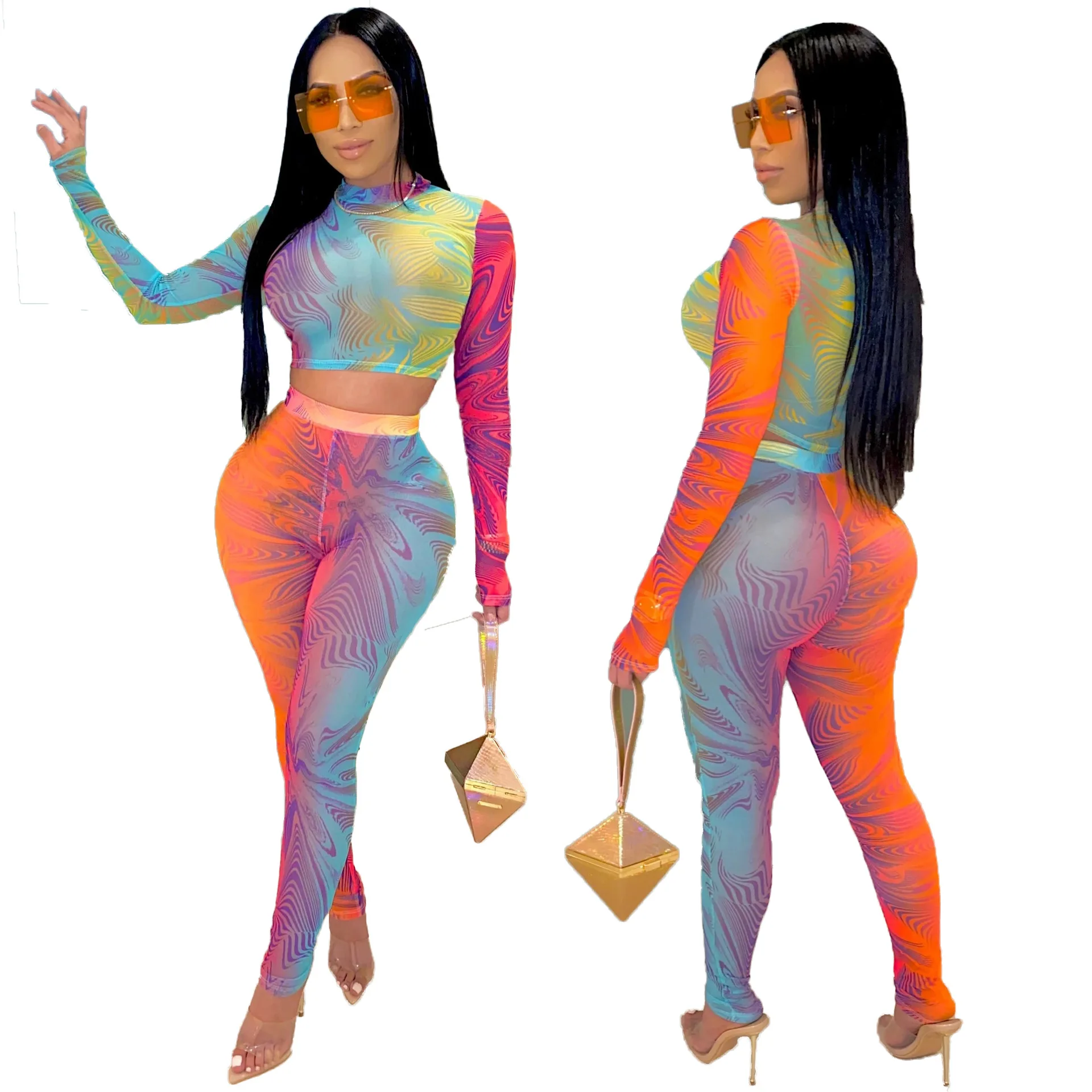

RsCY1217 two piece sets women long sleeve crop top+high waist pants bodycon clothing colorful printed, Shown