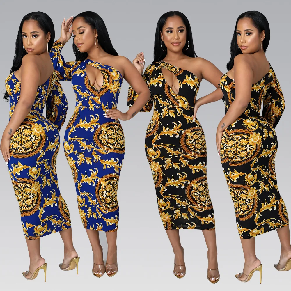 

High Quality Women Bodycon Sexy Dresses One Shoulder Abstract Maxi African Print Dresses, Picture color
