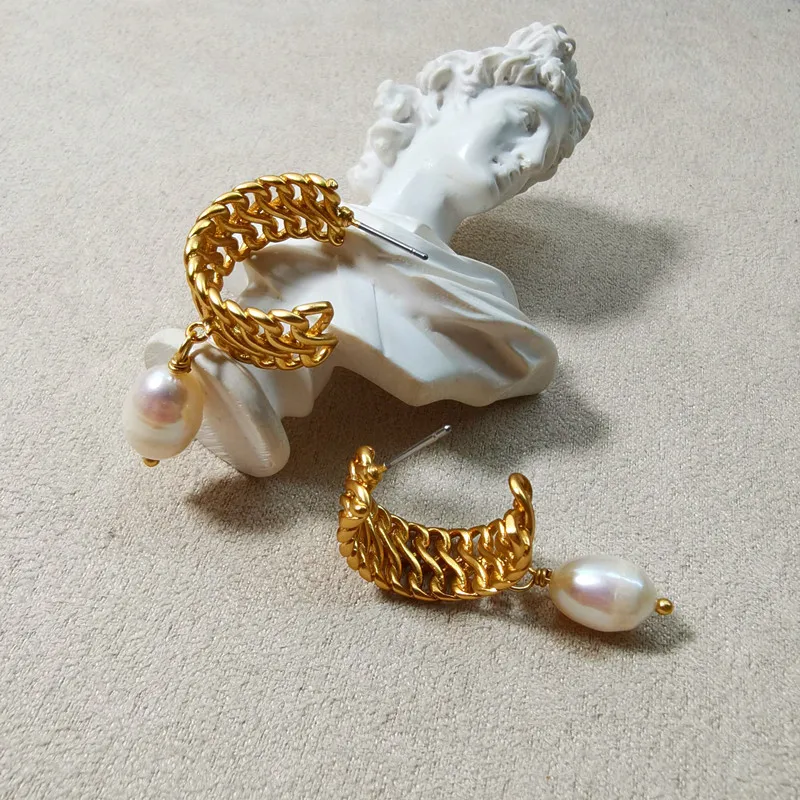 

Shangjie OEM aretes Wholesale Women Unique Natural Pearl Earrings Real Gold Plated Rope Earrings Fashion Stud Earrings