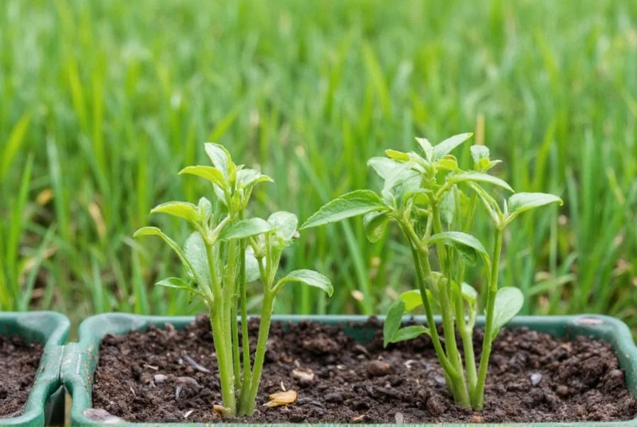 Comparison of healthy pepper seedlings versus leggy pepper seedlings showing proper stem thickness and leaf development