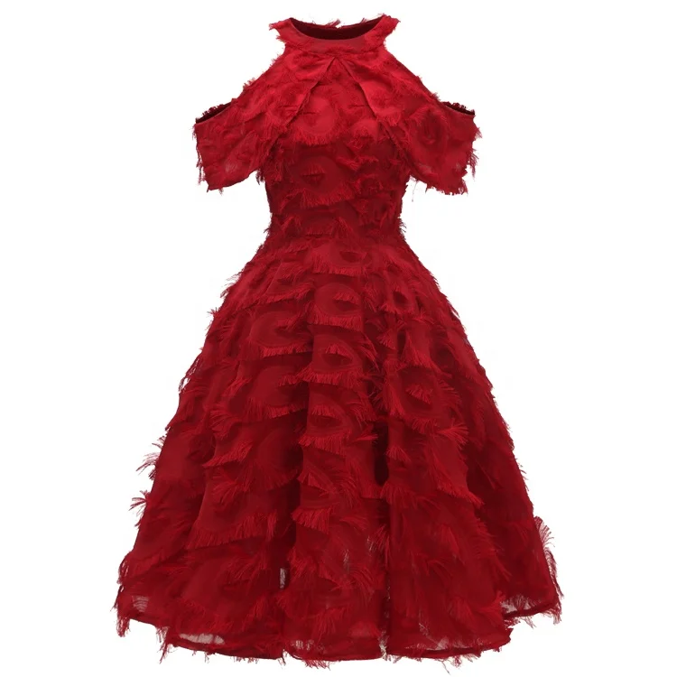 

Feather tassel banquet A-line skirt neck shawl sleeveless bridesmaid dress party dinner, White/pink/wine red