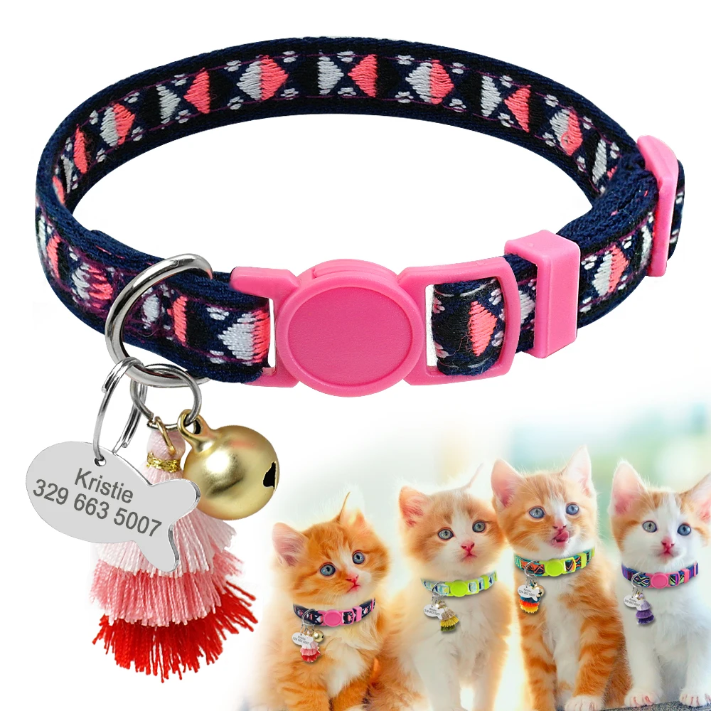 

Personalized Cat Collar With Bell Custom Kitten Collars Necklace Free Engraving Fish ID Tag Nameplate Cat Pet Accessories