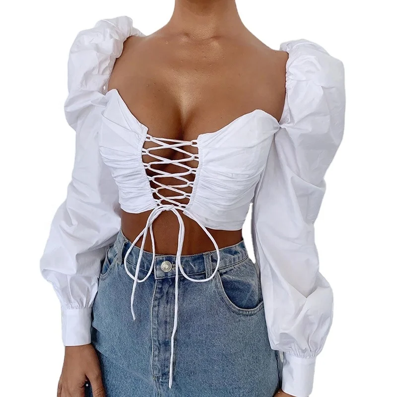 

Women chest wrap top puff sleeve blouse white blouse