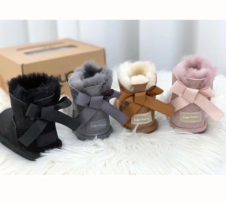 

Children Lovely Beautiful Single bow women sheepskin snow boots with real wool lining warm snow shoes, Customized color