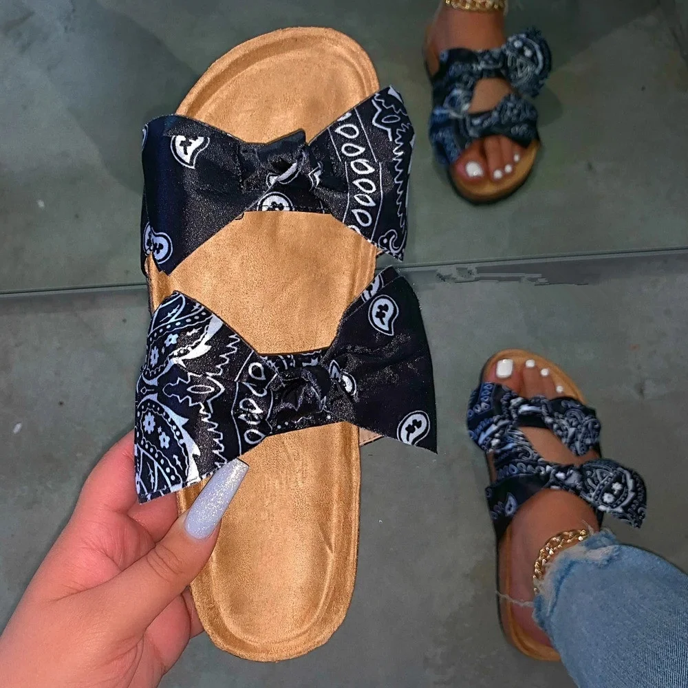

New Fashion Style Bandana Multicolor Slippers for Women Summer Flat Sandals with Double Bow, 6 colors