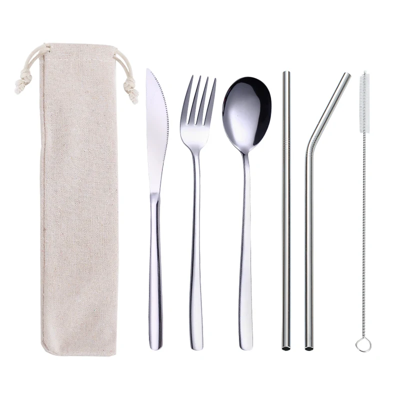 Amazon hot sell Eco-Friendly 6 PCS Metal Drinking Straw Custom 304 Stainless steel Portable Travel Cutlery Set with case