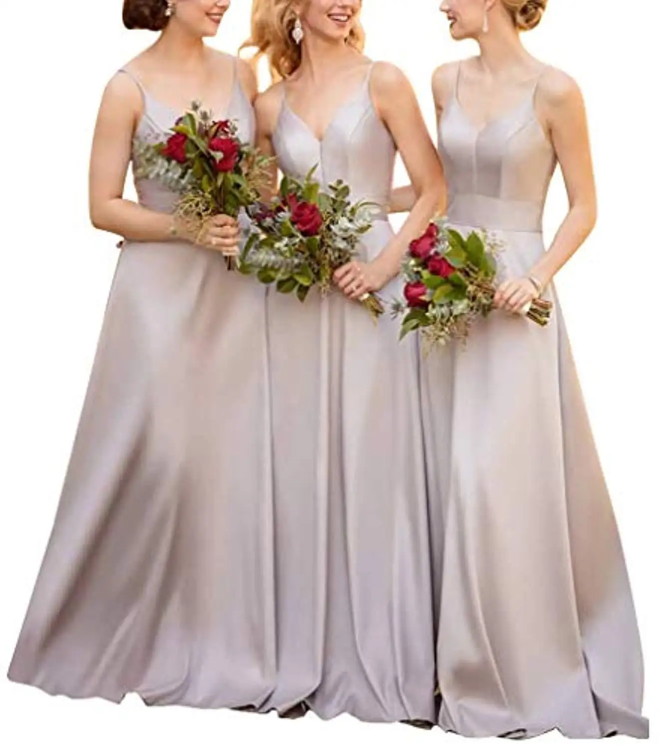 

High Quality Fashion Long Satin Suspender v-Neck Plus Size Gown Sexy Women Bridesmaid Dress