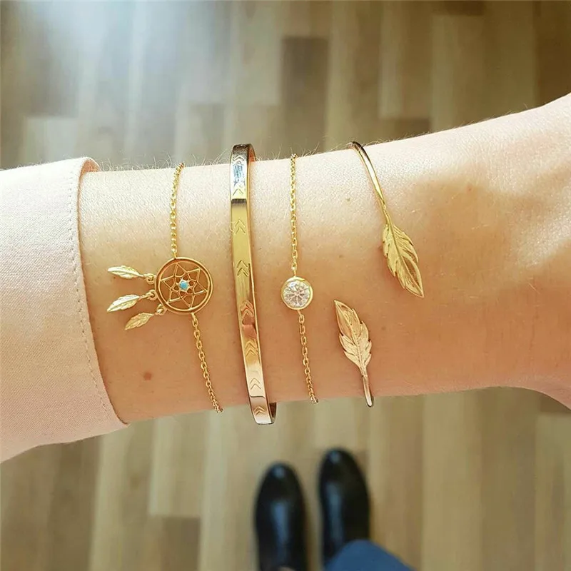 

New Arrived 4 Pcs / Set Boho Dream Leaves Arrow Gem Gold Chain Open Multilayer Bracelet Set, As pic