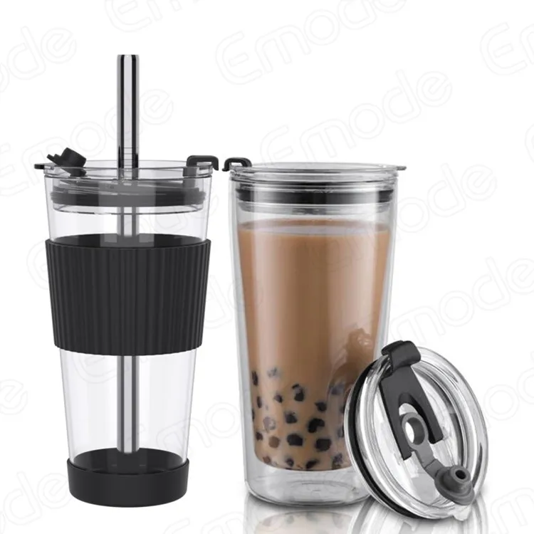 

Emode Glass Cups with Lids and Straw-Iced Coffee CupHeat Resistant Glass Coffee Cups with Metal Straws Suitable for CoffeeJui