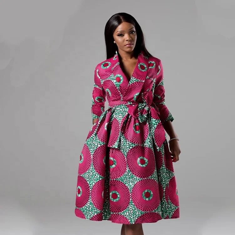 

Autumn Women Modern Ankara Midi Dresses Design Wax Print African Style Clothes, Customized color