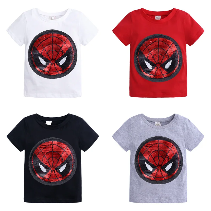 

38 Styles Summer Short sleeve Boys Reversible Sequin T-shirts For Girls Cartoon Iron Spiderman Super Hero Printed Tees Kids Tops, White, pink, light blue, etc