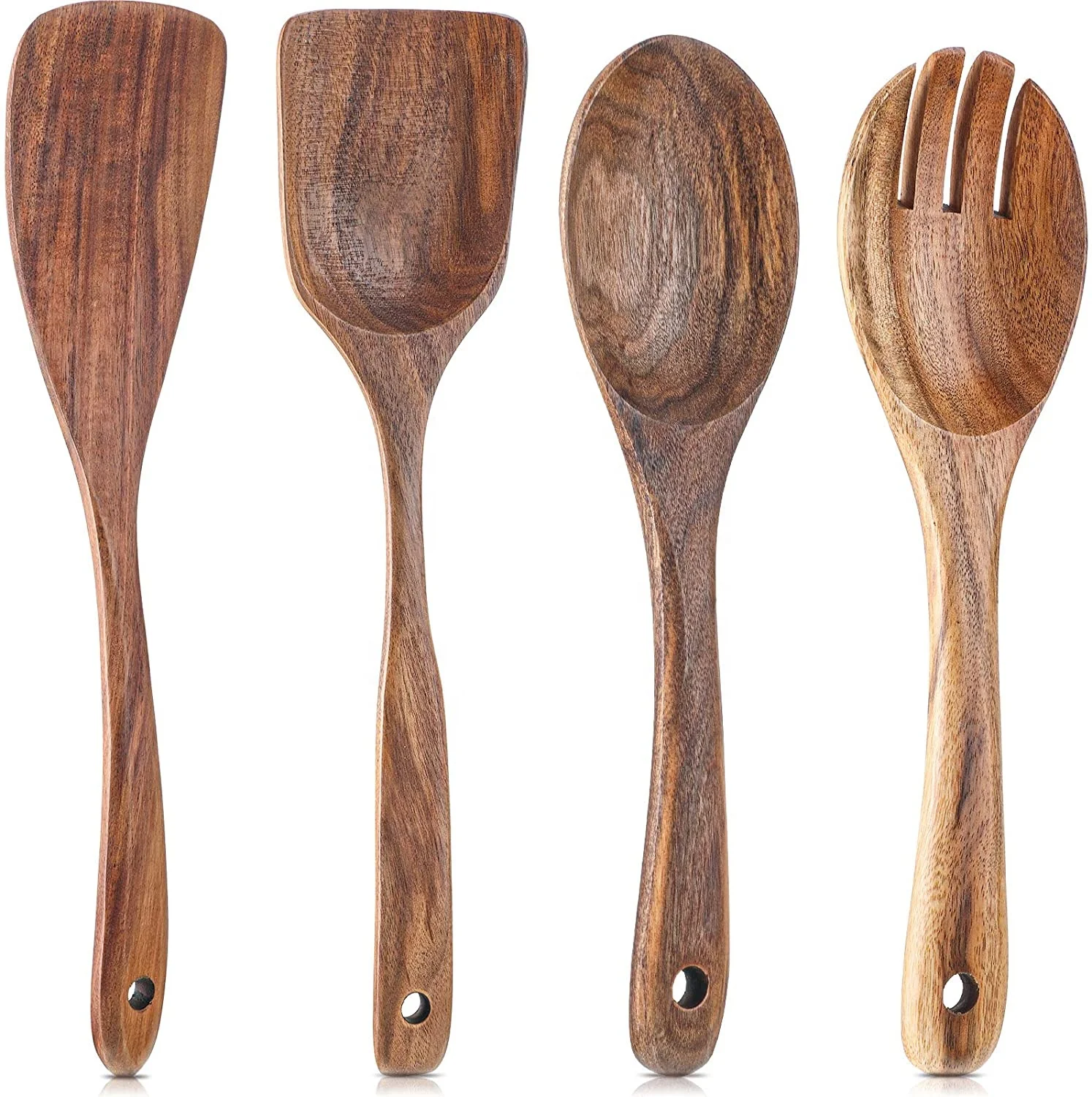 

4 Pieces Handcrafted Wooden Kitchen Utensils Set, Non-Stick Teak Wood Spoons for Cooking Spurtle Spatula Salad Spoon Fork