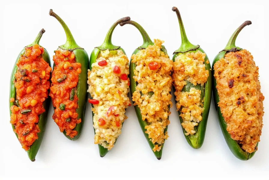 Variety of jalapeno poppers showing different styles including vegetarian, spicy, and baked versions