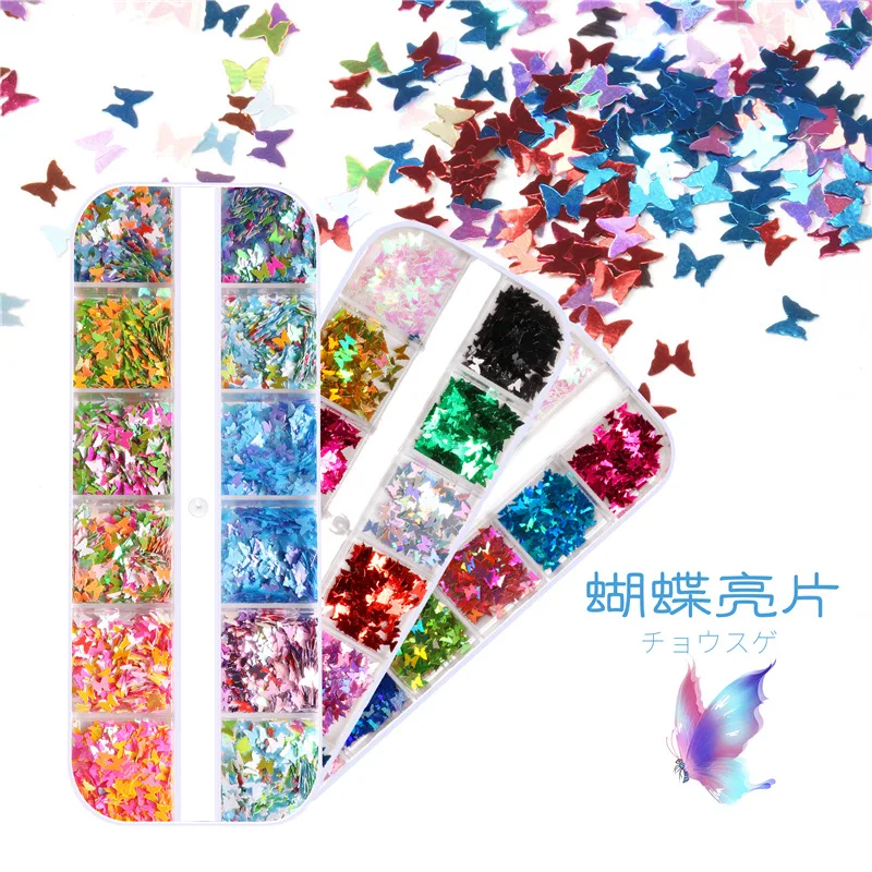 

12 Colors Nail Art Flakes Glitter Sequins Paillette Butterfly 3D Laser Sequins Holographic Nail Art Flakes Glitter Foil