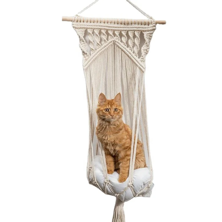 

Macrame Cat Hammock Bed Include Cushion and Hanging Kit Handwoven Cat Hanging Basket Swing Bed Hang on Wall