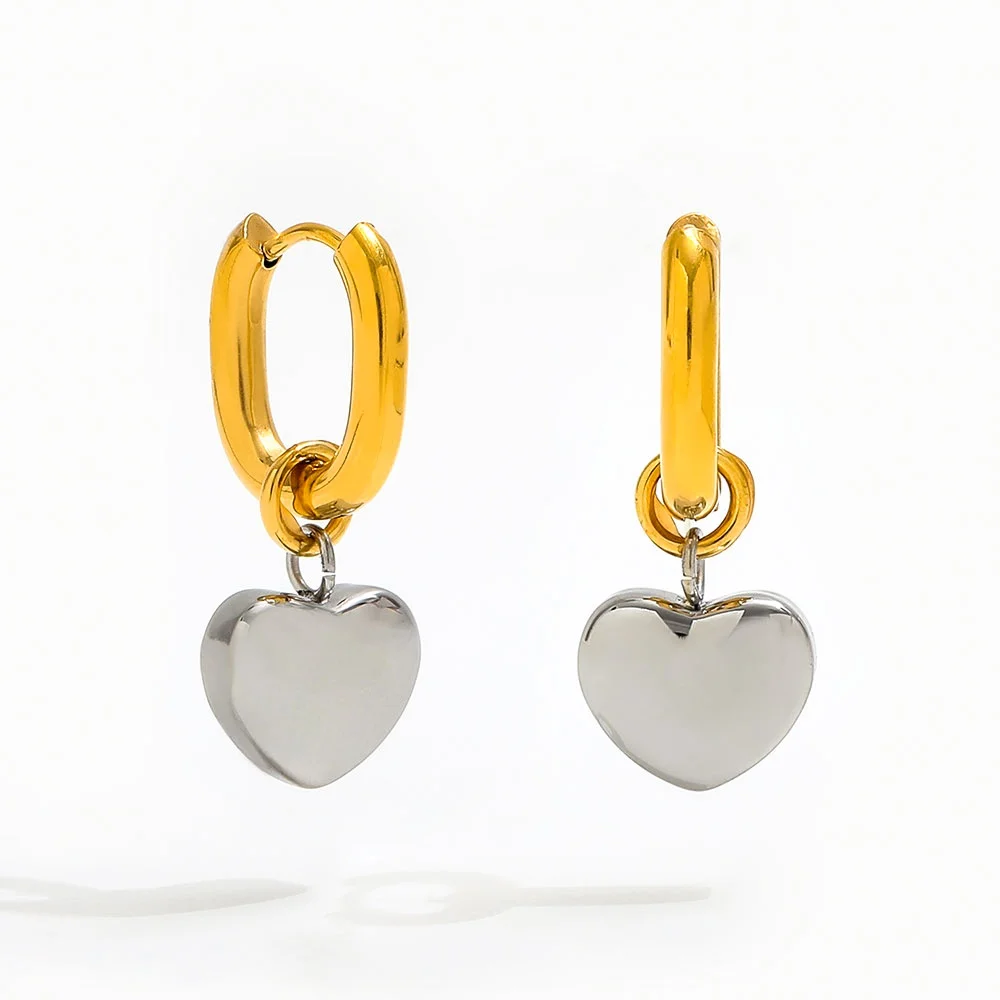 Trendy 18K Gold Plated Gold & Silver Two-tone Rectangle U Huggie Hoop Heart Pendant Earring Stainless Steel Jewelry Wholesale