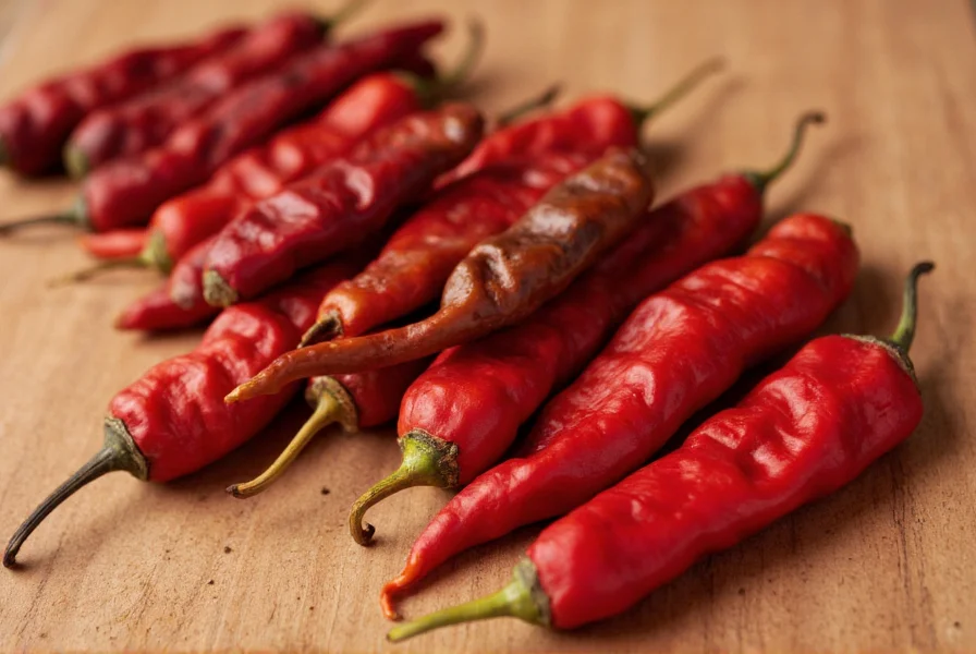 Close-up photography of various dried red chili peppers arranged by type on wooden surface showing guajillo, ancho, and árbol peppers with color variations