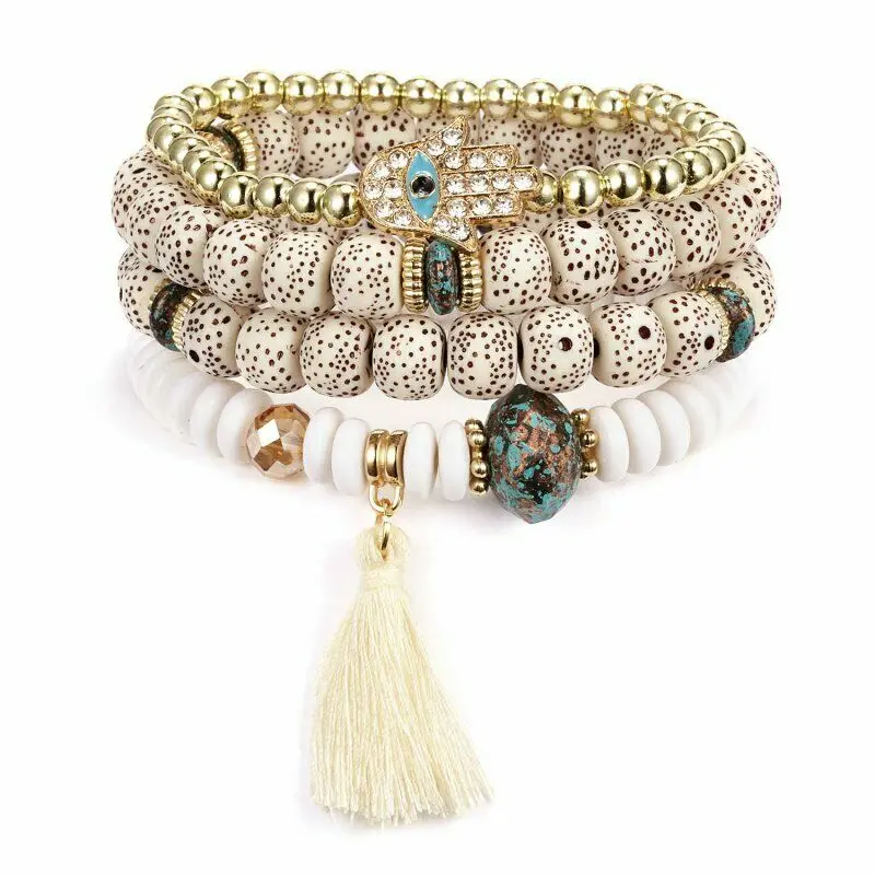 

Vintage 4Pcs/Lot Women Bracelets Set Bohemia Charm CZ Head Natural Stone Beads Tassel Pendents Bracelets Pour Les Femmes