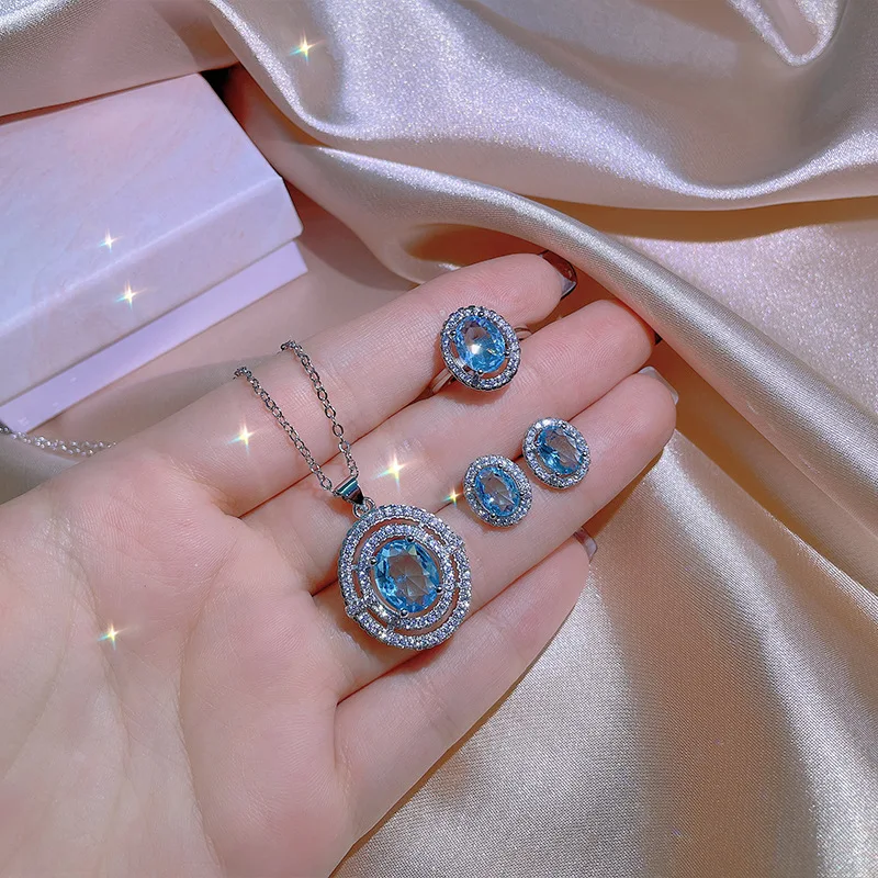 

3pcs White Gold Plated Light Blue Oval CZ Crystal Necklace Earrings Ocean Blue Oval Cubic Zirconia Finger Rings set