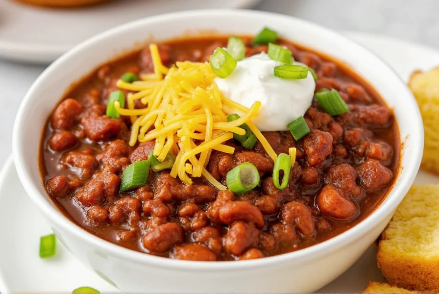 Finished ground beef chili served in white bowl with toppings: shredded cheese, sour cream, green onions, and cornbread on side