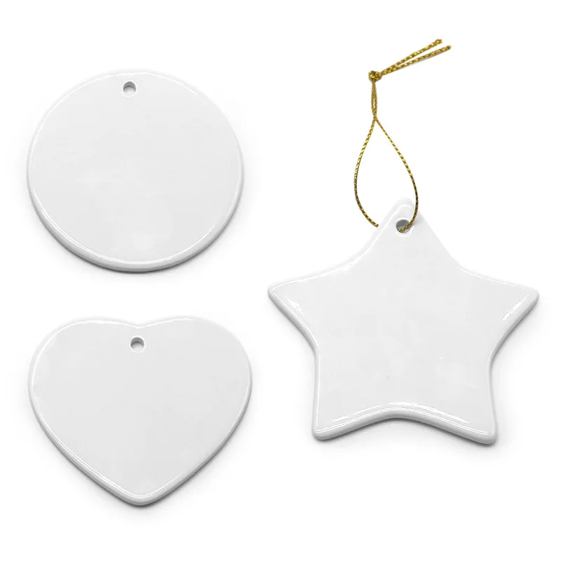 

Blank White Sublimation Ceramic pendant Creative Christmas ornaments Heat transfer Printing DIY ceramic ornament heart round, Silver&gold