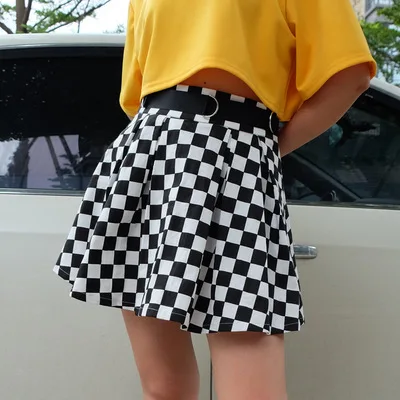 

F41103A 2021newest design European and Americansummer black and white plaid printed pleated womens skirts girls' skirts, As picture