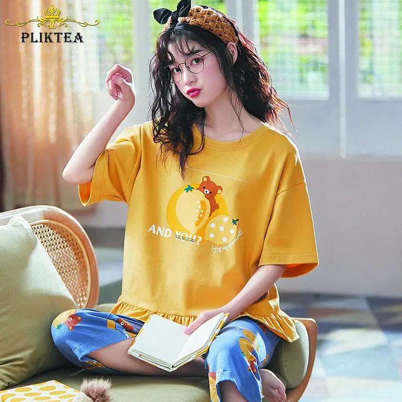 

Pliktea Summer Women's Cotton Home Clothes Pajamas with Short Ladies Pajama Sets For Women Cotton Summer SleepWear Atoff Home