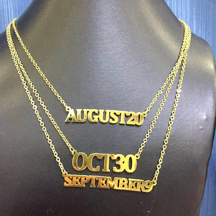 

18k Gold 316L Stainless Steel Birth Date Necklace Personalized English Letter Customized Pendant Necklace