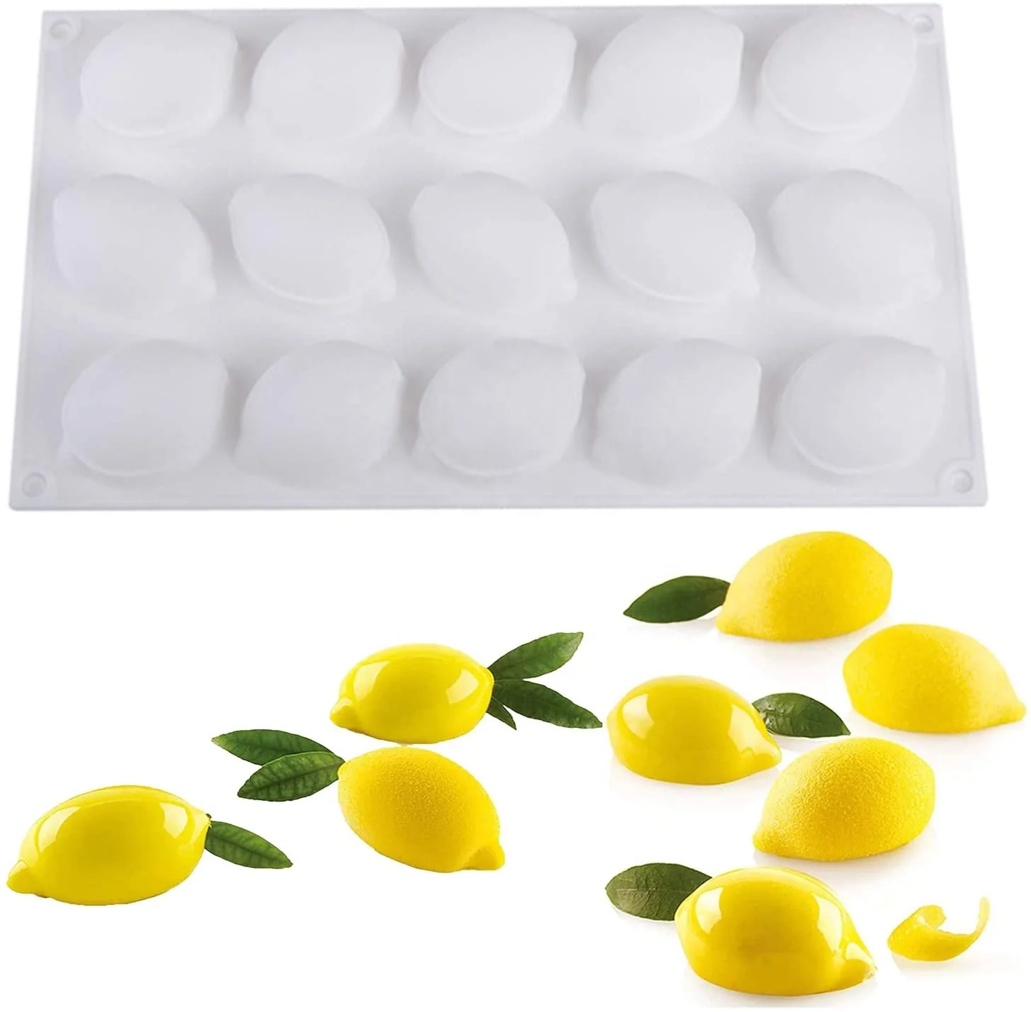 

15 Cavity Mini 3D Lemon Shape Silicone Mold for Baking Mousse Cake Candy Chocolate Dessert Pastry Cupcake Ice Cream Pudding, White