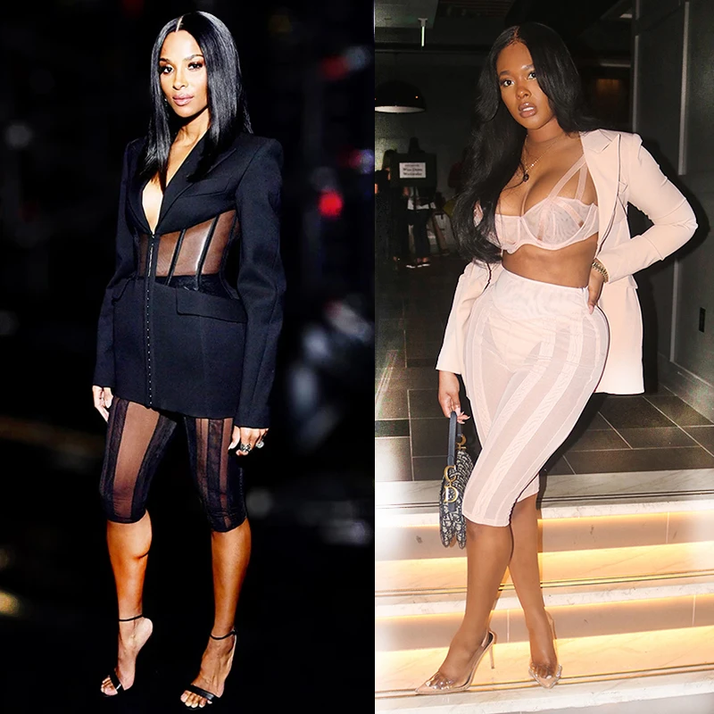 

A4434 High Quality V Neck Mesh Button Fashion Women Pants Suit Sets, Black