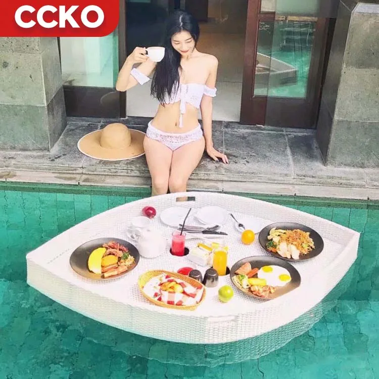 

Luxury Leaves Heart Hotel Rattan Floating Breakfast Tray For Swimming Pool Floating Pool Tray For Food And Drinks Serving Trays
