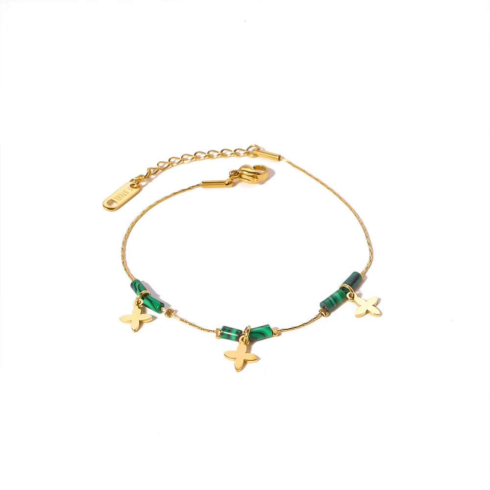 

New 14K Gold Natural Stone Green Four Leaf Clover Flower Charm Bracelet For Women Stackable Stainless Steel Malachite Bracelet