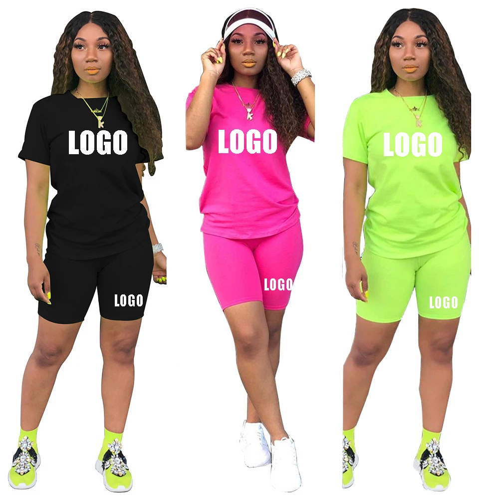 

2021Custom Logo Wholesale Women Clothing Short Sleeve Plus Size T Shirts & Pants 2 Piece Casual Women Outfit Neon Two Piece Sets, Picture