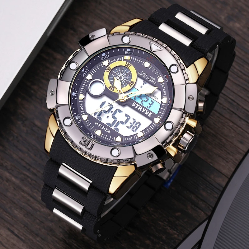 

2020 STRYVE Watches Men's Casual Watch Multifunction LED Watches Dual Zone Alarm Sports Waterproof Quartz digital Wristwatches