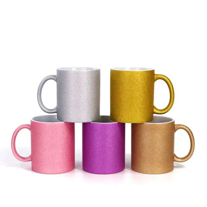 

Sublimation Glitter Mugs 11oz Multi-color Holographic Bling Bling Coffee Cups with Handle in Bulk