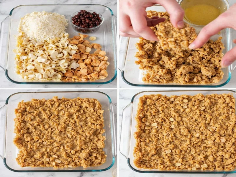 Step-by-step assembly of homemade crunch bars in glass dish