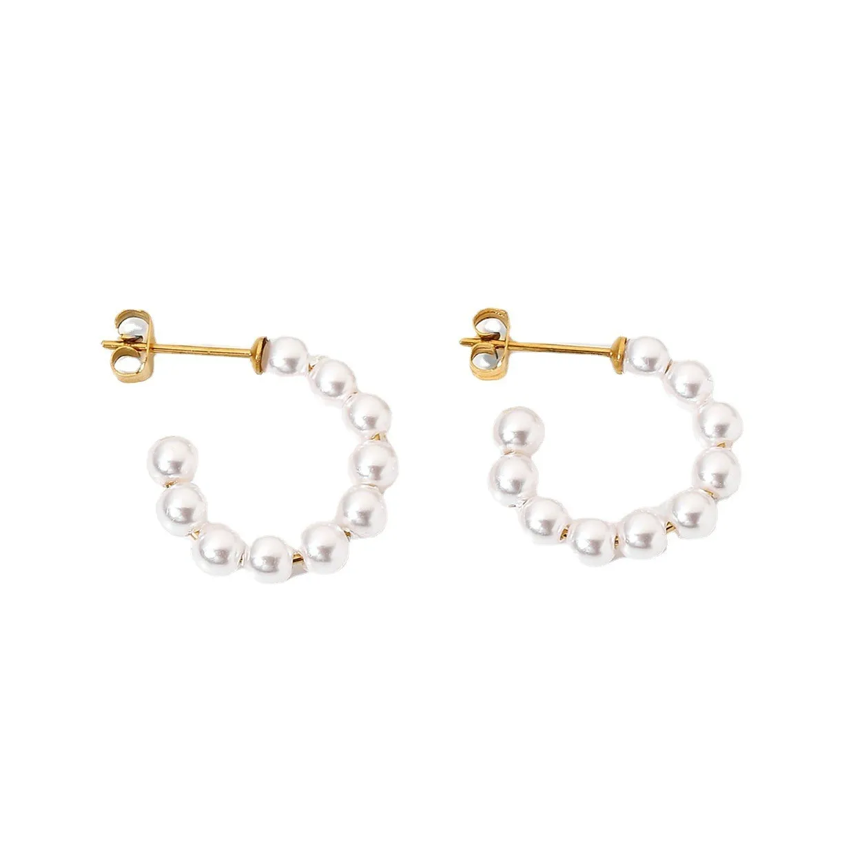 

INS new design women fashion pearl earring 18k gold stainless steel jewelry C shape pearl beaded hoop earrings