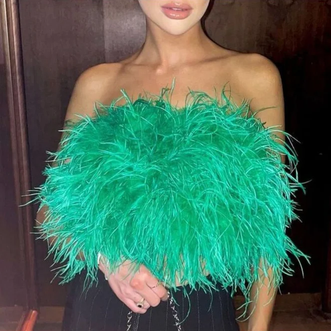 

2022 Ladies Fur Cropped Wraps Zipper Sleeveless Bustier Feather Corset Tube Top Strapless Ostrich Feather Fur Top Women, Customized color