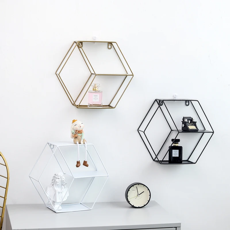 

Nordic Ins Hexagonal Wall Hanging Wrought Iron Three-Layer Wall Storage Rack For Bedroom Kitchen Living Room