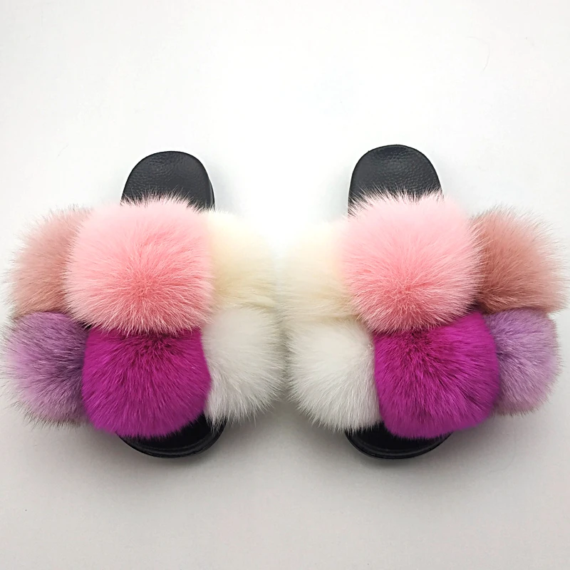 

Women Fashion Furry Colorful Fluffy Luxury Pompom Real Fur Slippers Fur Slides, Customized color
