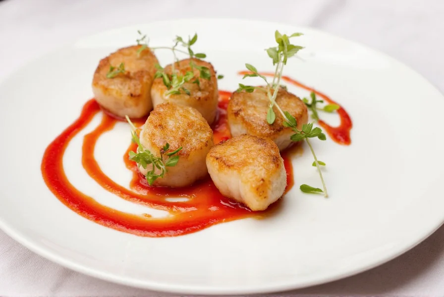 Elegant plate presentation featuring seared scallops with vibrant red pepper coulis swirls and microgreens