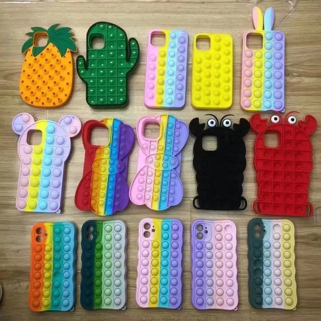 

Cartoon Pop It Figet Toy Silicone Popit Phone Case For iPhone 12 Mini 11 Pro Max XR XS X 8 7 Kids Adult Relive Stress Back Cover, Multi colors