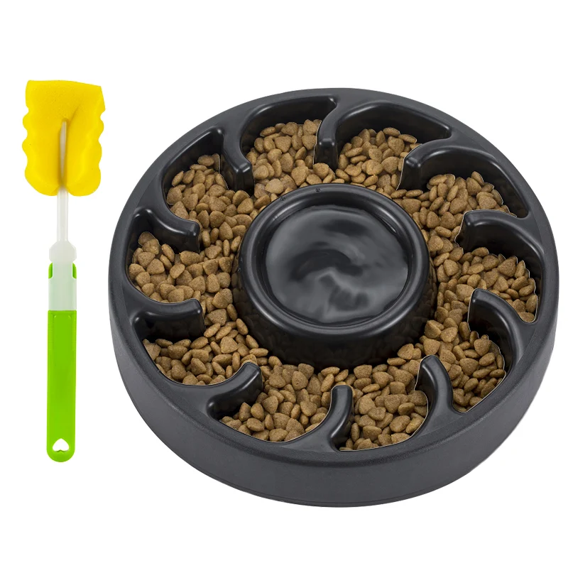 

Safety Pet Slow Feeder Bowl with Clean Brush, Prevent choking and bloating, Anti-slip Plastic Water Container for Dogs, Cats, Black