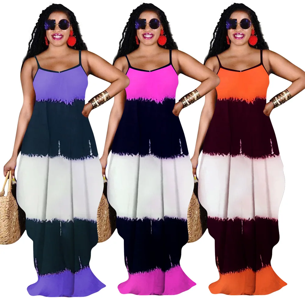 

Summer 2021 hot new plus size women dresses tie-dye sleeveless sling with pockets loose casual dress