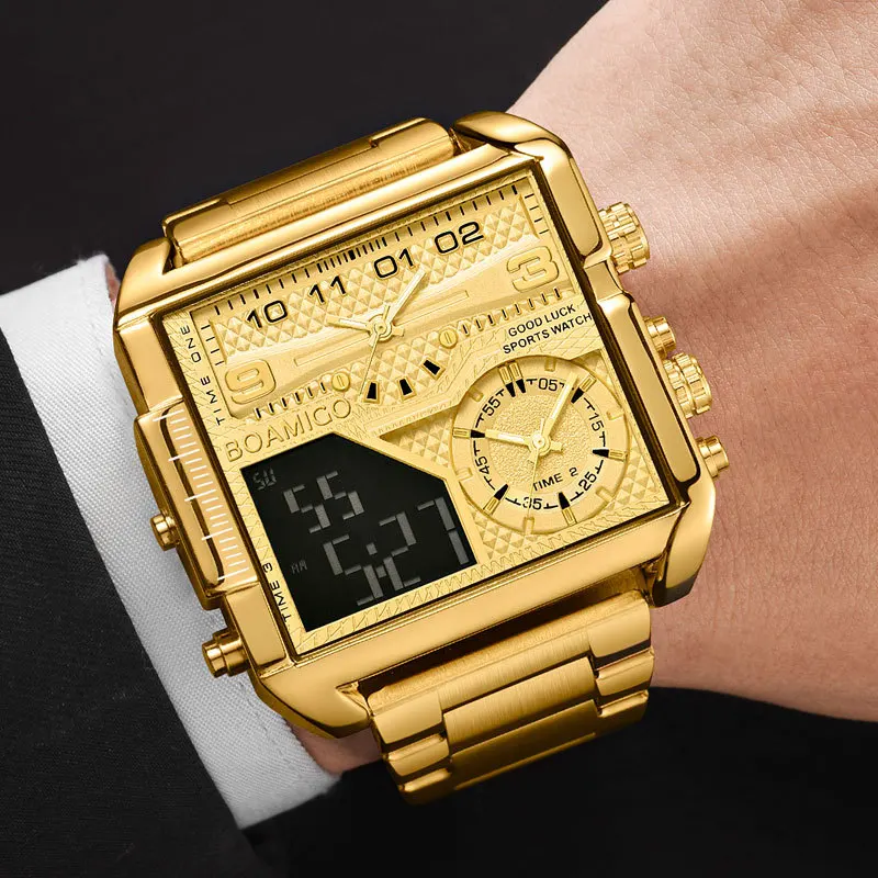 

2021 New Top Brand Luxury Fashion Men Watches Gold Stainless Steel Sport Square Digital Analog Big Quartz Watch For Men, Refer to photos or according to your requirements