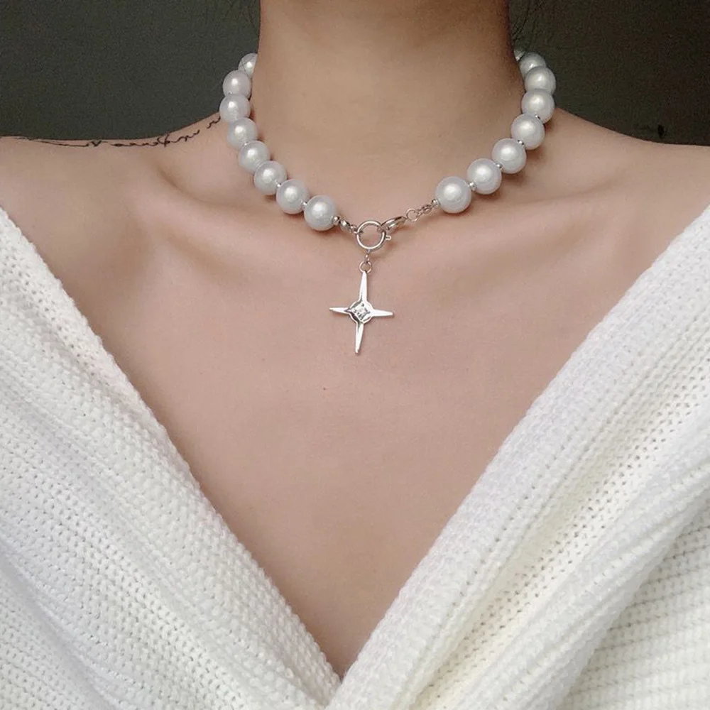 

Big Pearl Choker Necklace With Cross Pendant White bead Bunch Necklace Toggle Clasp Women Simple Pearl Chain