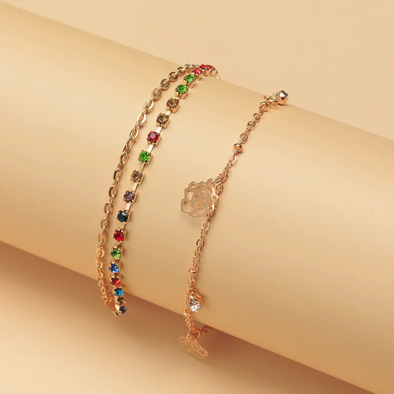 

Weihao Hot Selling Fashion Retro Claw Chain Color Diamond Bracelet Simple Wild Flower Pendant Bracelet, As picture show
