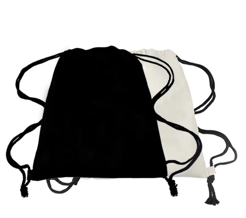 

Recycled custom logo high quality travel white Black large cinch backpack gym cotton canvas sport drawstring bag